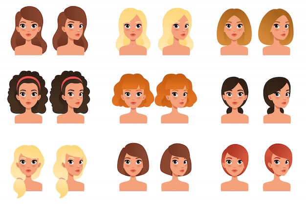 Collezione di belle ragazze giovani con diverse acconciature e colori tonalità lunghe, corte, medie, ricci, bionde, rosse, nere, castane. avatar per il gioco mobile