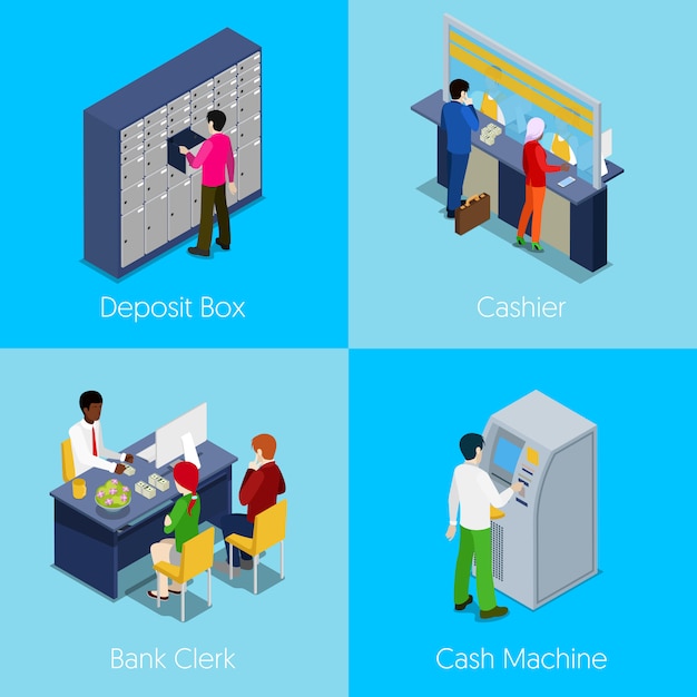 Concetto di servizi bancari isometrica. Cassetta di sicurezza, cassiere, impiegato di banca, bancomat. Illustrazione piatta 3D