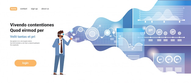 concetto finanziario dell'innovazione della cuffia avricolare di visione del diagramma del grafico finanziario del monitoraggio online di realtà virtuale di usura di uomo d'affari