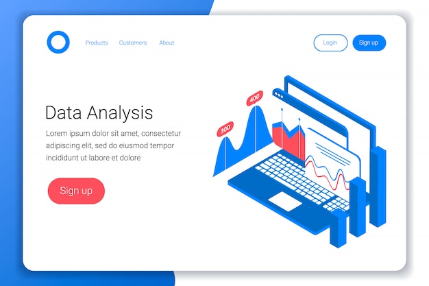 Concetto isometrico di analisi dei dati. Grafici e grafici sullo schermo di laptop e smartphone. Stile 3d piatto. Modello di pagina di destinazione. illustrazione.