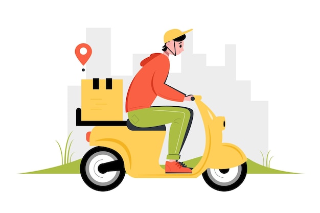 Consegna veloce e gratuita in scooter Concetto di servizio di consegna Illustrazione vettoriale