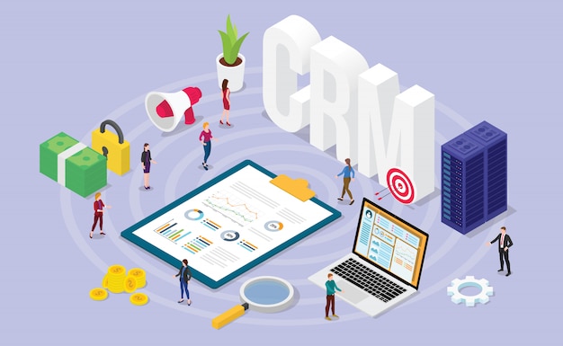 Vettore crm concetto di customer relationship manager con persone di squadra e dati di amministratore finanziario