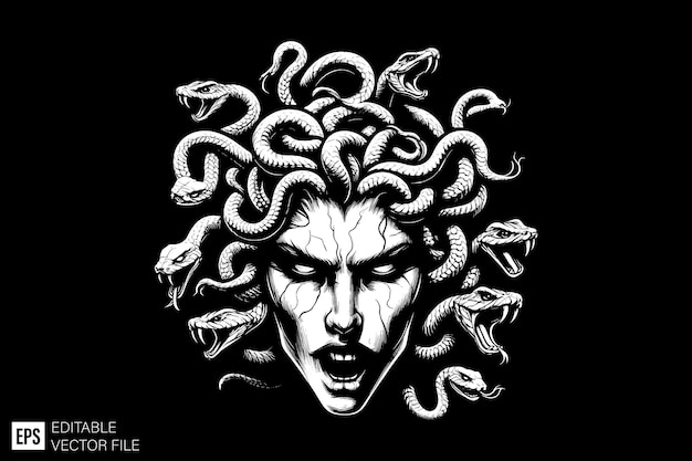 Vettore disegno vettoriale a testa di medusa in bianco e nero