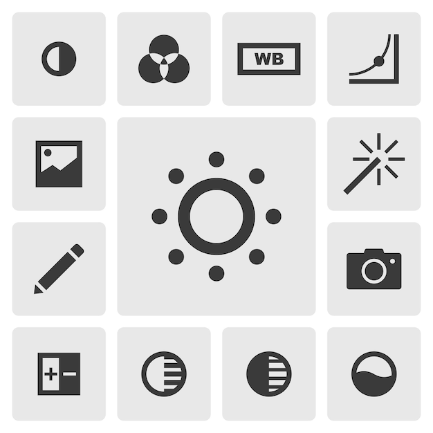 Disegno vettoriale icona luminosità Semplice set di icone dell'app editor di foto silhouette icona nera solida