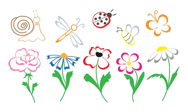 Doodle illustrazione di fiori estivi e insetti