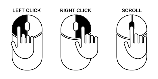 Vettore fare clic con il mouse a sinistra, a destra e il pulsante della rotellina di scorrimento. istruzioni per l'uso del mouse.