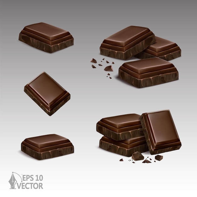 Fette di cioccolato fondente realistiche con briciole rotte dessert dolce 3d illustrazione vettoriale