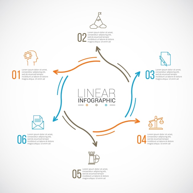 Frecce piatte a linea sottile per infografica Concetto di business con 6 opzioni parti passaggi o processi