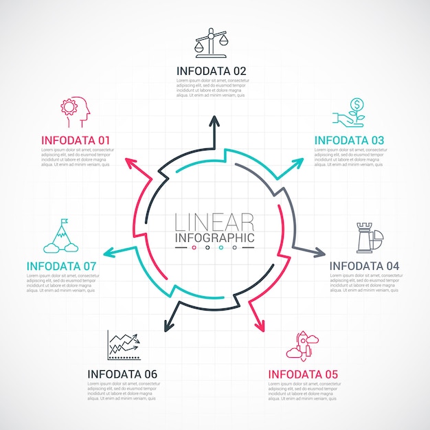 Frecce piatte a linea sottile per infografica Diagramma del ciclo con 7 opzioni parti passaggi o processi