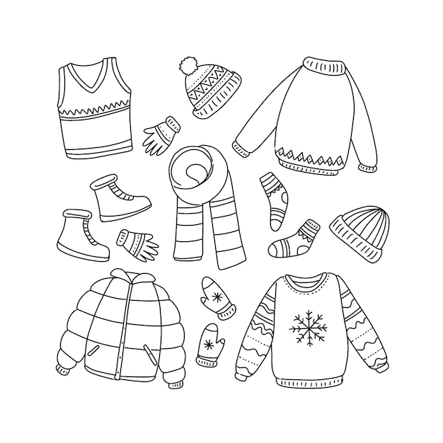 giubbotto maglione cerniera disegnato a mano doodle illustrazioni set vettoriale