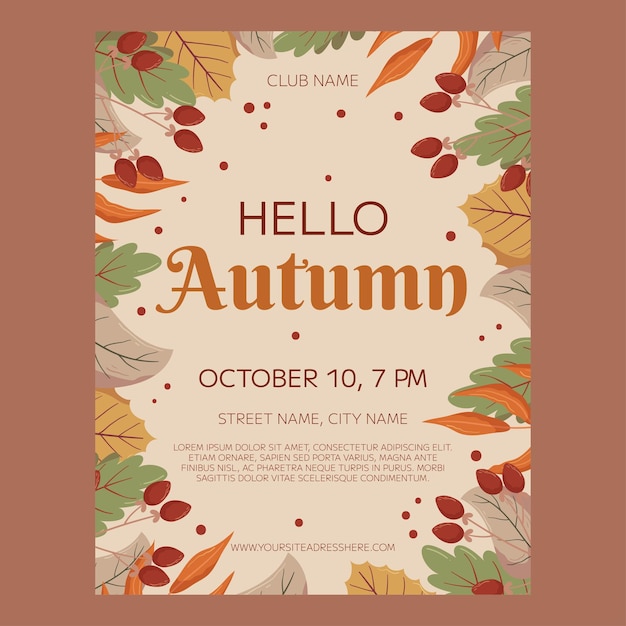 Hello Autumn Party poster template design Frame con diverse foglie e bacche