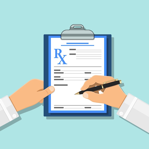 Il medico scrive la prescrizione con la penna sul modulo rx negli appunti. Concetto medico e sanitario. icone di stile piatto. illustrazione vettoriale isolato