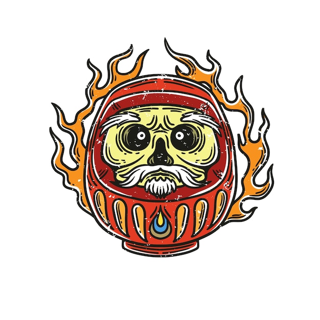 Illustrazione di bambola daruma giapponese con fuoco dietro su sfondo bianco