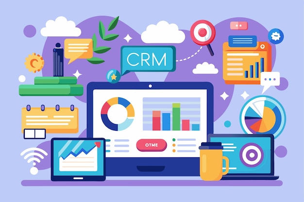 Vettore illustrazione di marketing digitale in stile piatto che mostra gli strumenti crm