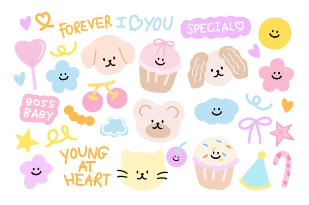 Vettore illustrazione pastello di cucciolo orsacchiotto gatto cupcake nuvola fiori caramelle ciliegie lettera boss baby