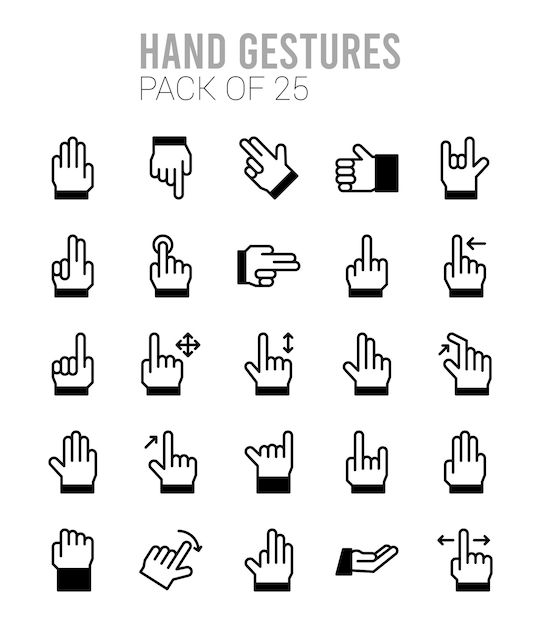Vettore illustrazione vettoriale del pacchetto di icone di riempimento lineare di 25 gesti delle mani