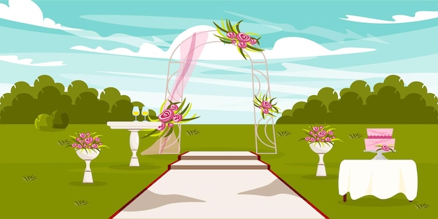 Illustrazione vettoriale della cerimonia di nozze Paesaggio cartoon con arco nuziale champagne torta nuziale percorso di fiori per i giovani