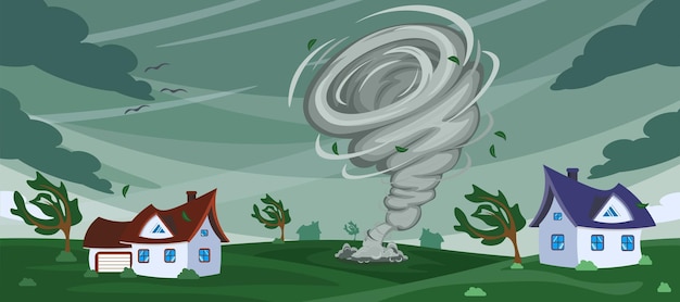 Illustrazione vettoriale disastro naturale Paesaggio cartoon con un tornado che distrugge la città e gli alberi