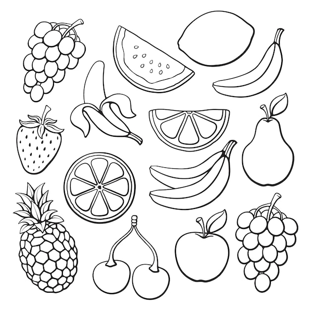 Illustrazione vettoriale Set di frutta e bacche Scarabocchi disegnati a mano Cibo vegetariano sano