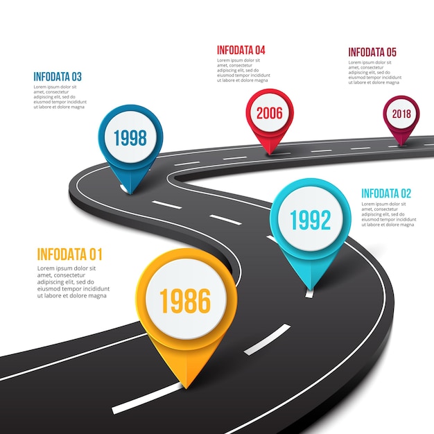 Infografica stradale vettoriale con puntatore pin. Modello di timeline con 5 indicatori su una linea stradale curva.