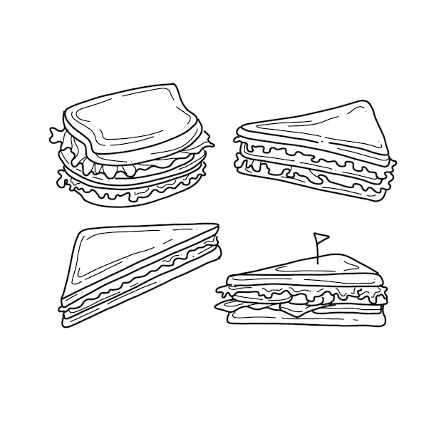 insieme di vettore delle illustrazioni di doodle disegnate a mano del panino