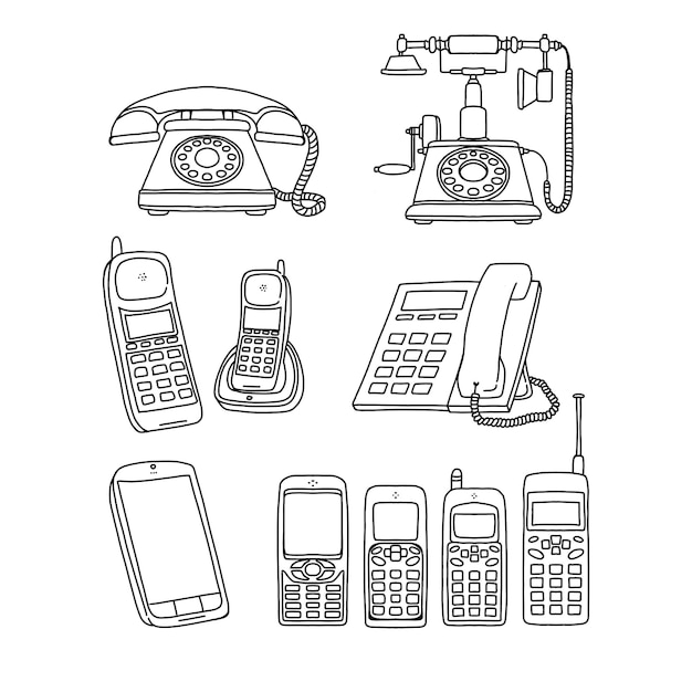 insieme di vettore delle illustrazioni di doodle disegnato a mano del telefono e dello smartphone