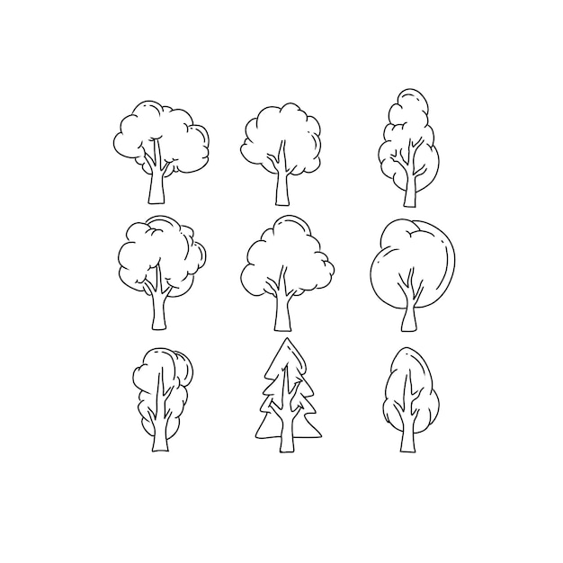 insieme di vettore delle illustrazioni di doodle disegnato a mano dell'albero