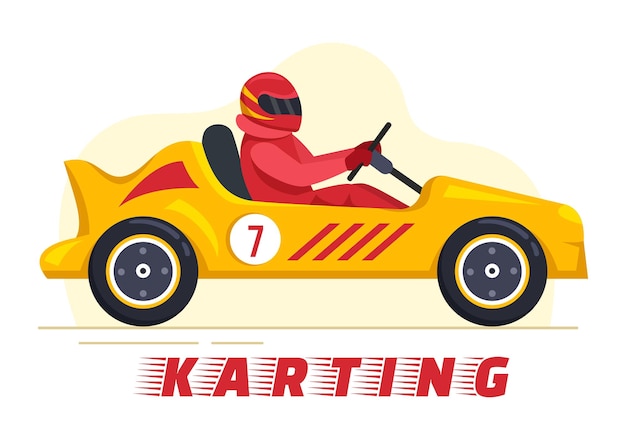 Vettore karting sport con gioco di corse go kart sulla pista del circuito nell'illustrazione disegnata a mano del fumetto piatto