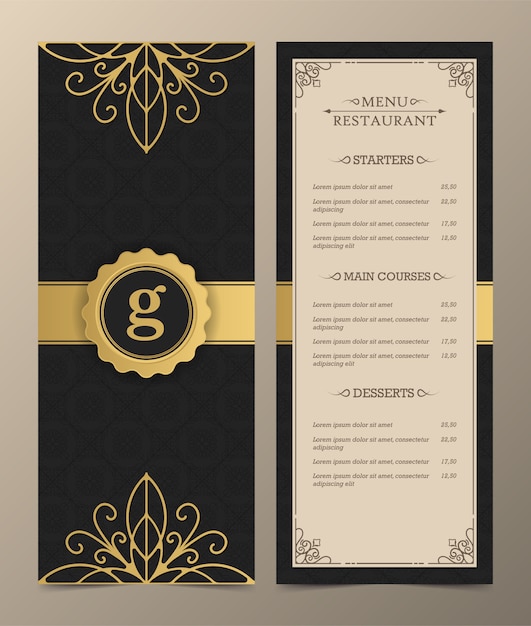 Layout del menu di lusso con elementi ornamentali.