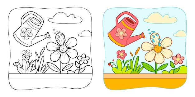 Libro da colorare o pagina da colorare per bambini Fiori e annaffiatoio clipart vettoriali Sfondo della natura