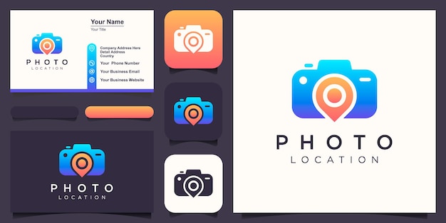 Logo posizione foto, pin con design della fotocamera vettore semplice stile moderno ed elegante.