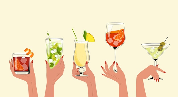 Vettore mano femminile che tiene un bicchiere di cocktail pina colada mojito vecchio stile aperol martini