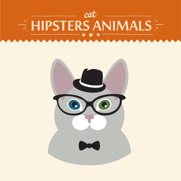 Moda ritratto di gatto hipster con occhiali e fiocco piatto concetto illustrazione vettoriale