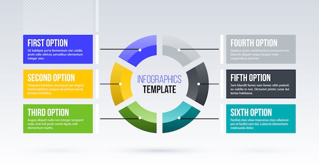 Modello di infografica a torta orizzontale con sei segmenti