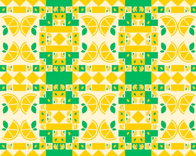 Modello di limone Struttura geometrica astratta di fette di limone mosaico di frutta e foglie Retro vettore Modello vettoriale senza soluzione di continuità