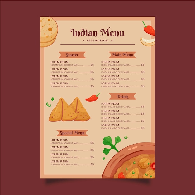 Modello di menu piatto indiano creativo