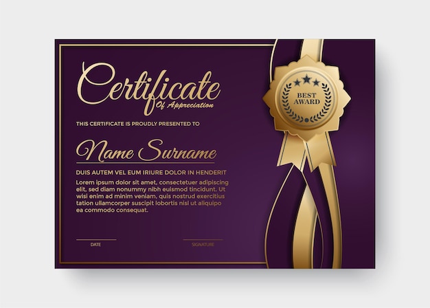 Modello di premio certificato viola elegante