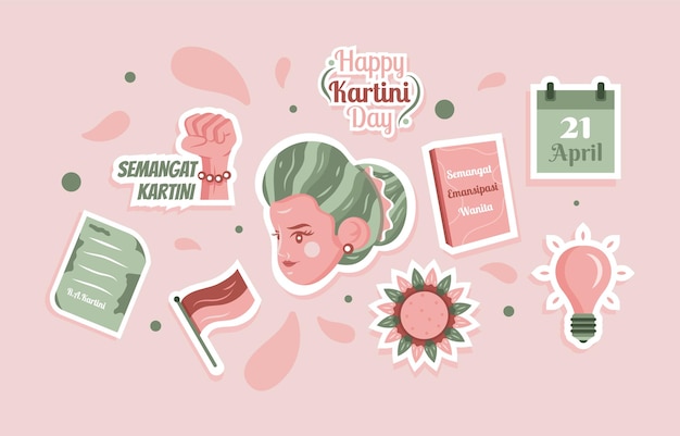 Vettore raden ajeng kartini set di adesivi rosa e verde