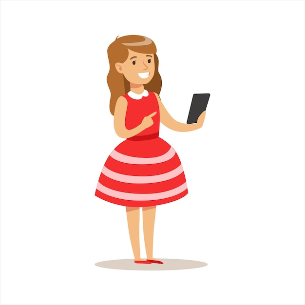 Ragazza in vestito rosso con smartphone bambino e gadget illustrazione con bambino che guarda e gioca utilizzando un dispositivo elettronico