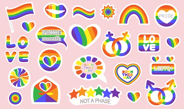 RainbowSet di adesivi Illustrazione vettoriale luminosa Simboli Pride gay Bandiera LGBT