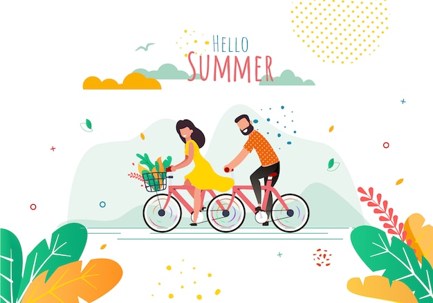 Saluto banner piatto con i ciclisti dei cartoni animati. Ciao Summer Lettering