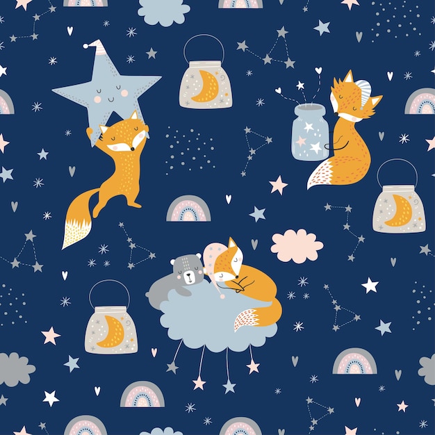 Seamless pattern infantile con volpi addormentate, orso, nuvole, arcobaleno, vaso con stelle e costellazioni.