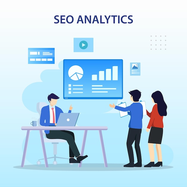 SEO Analytics Team Classifica dei motori di ricerca Successo SEO Ottimizzazione SEO vettore piatto