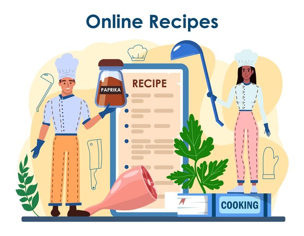 Vettore servizio o piattaforma online chef. specialità culinaria che prepara