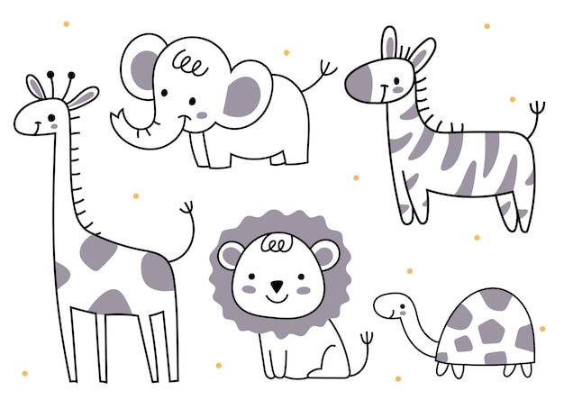 Vettore set di animali in stili di doodle elefante giraffa leone tartaruga zebra animali africani per un bambino