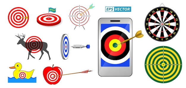 Vettore set di bersaglio di tiro con l'arco con frecce in sfondo bianco isolato eps vector