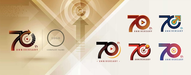 Vettore set di design del logo del 70° anniversario, logo della celebrazione dei settant'anni, segno astratto della freccia.