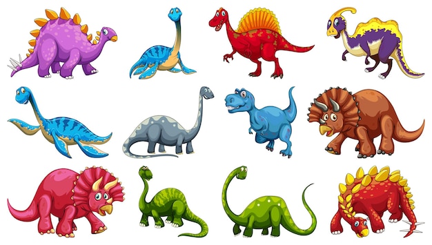 Set di diversi personaggi dei cartoni animati di dinosauri isolati su sfondo bianco