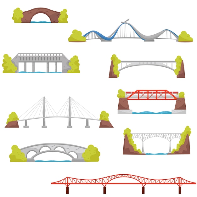 Set di mattoni di pietra e ponti metallici Elementi di costruzione della città Tema architettonica Progettazione grafica per dispositivi mobili o giochi per computer Illustrazioni vettoriali piatte colorate isolate su sfondo bianco