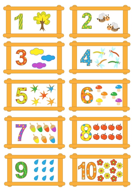 Set di numeri matematici colorati per bambini elementi autunnali contano vettore EPS10